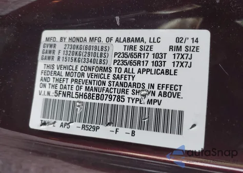2014 Honda Odyssey Ex-L from USA, damaged, VIN 5FNRL5H68EB079785